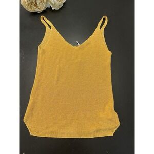 Grey Violet NWT Boutique Gold Yellow Metallic Thread Knit Sleeves Tank Blouse S